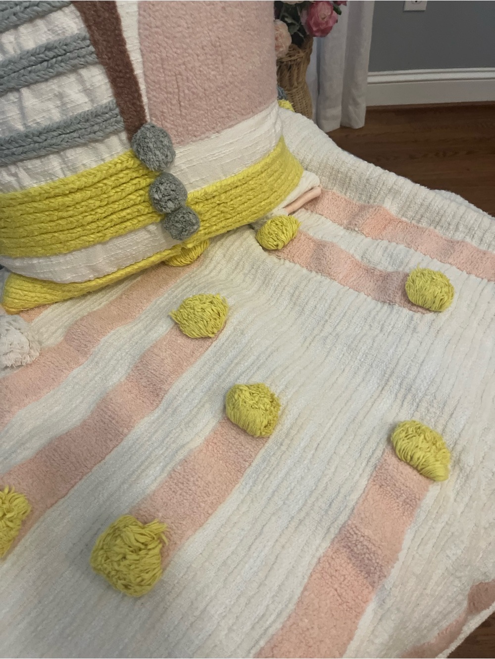 Anthropologie Cream, Pink & Yellow Textured Pom-Pom Throw